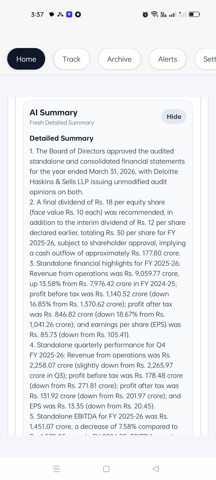 AI Summary screen in Company Khabar app