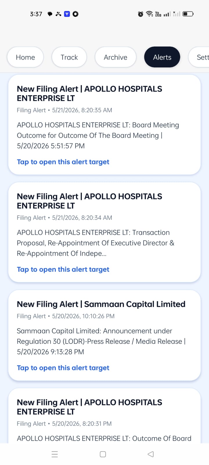 Alerts screen in Company Khabar app